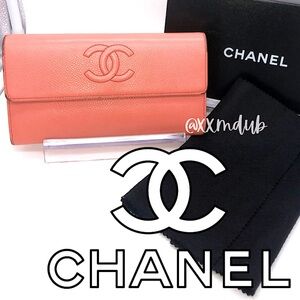 🩷CHANEL Wallet Timeless CC Embroidered Top Flap Snap Long  Salmon Pink Coral COA